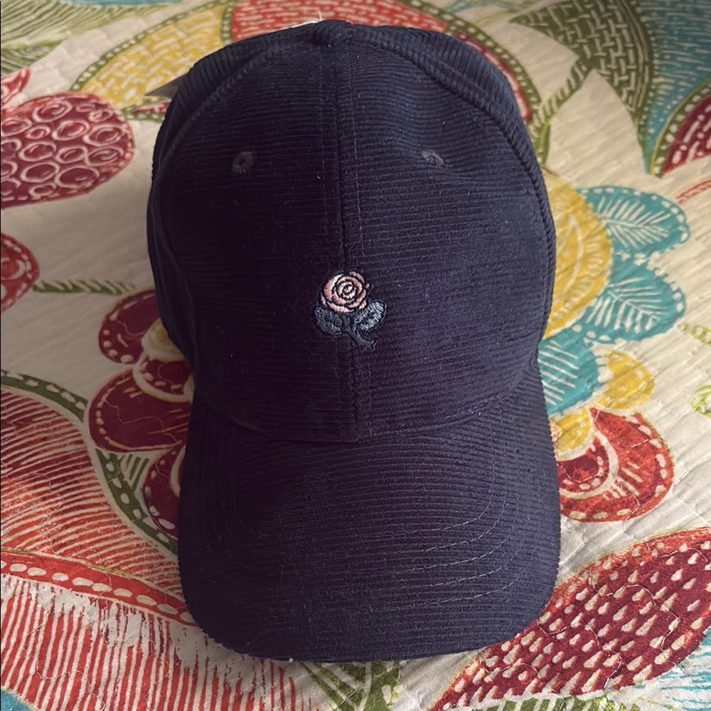 Corduroy Navy Baseball Cap with Embroidered Pink Rose
